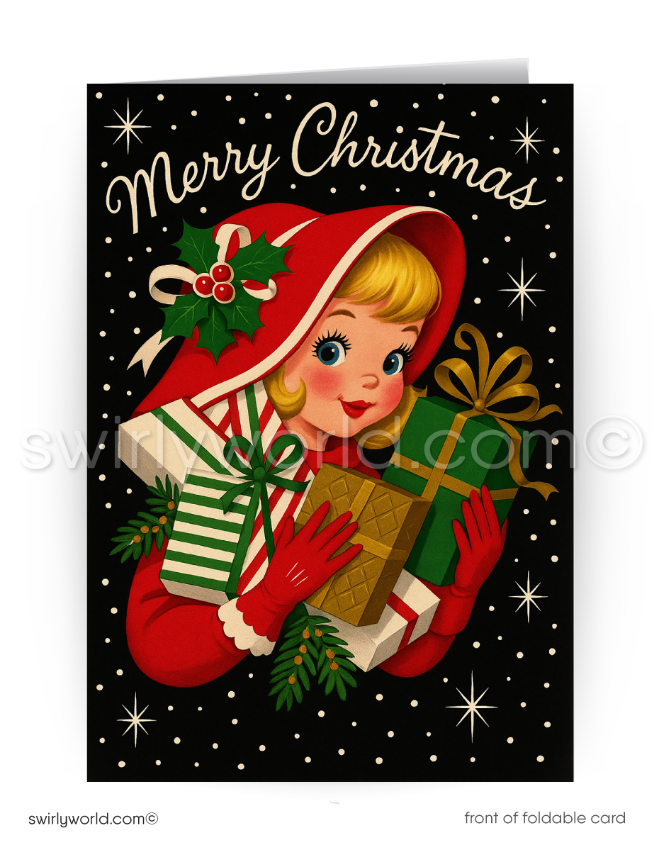 Vintage-style Christmas card with a woman holding gifts against a black background with white stars.