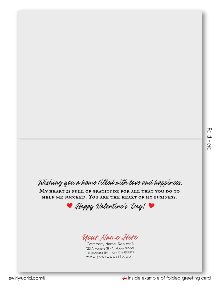 Celebrate Valentine's Day with a unique touch using our "Home is Where the Heart Is" greeting card, specially designed for realtors. The front of the card charmingly displays a quaint farm house nestled in the country, with whimsical hearts floating out of the chimney. This delightful illustration not only conveys love and happiness but also subtly echoes the joy of finding the perfect home.