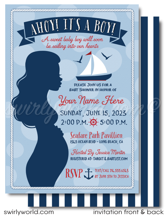 Nautical "Ahoy It's A Boy" Sailboat Baby Shower Digital Invite & Thank You Card
