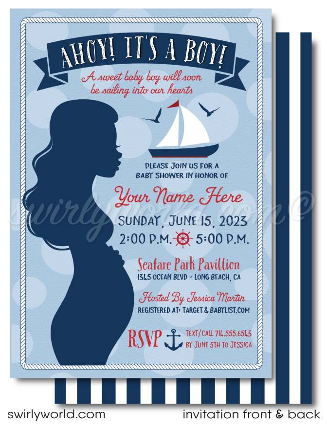 Nautical Anchor Sailboat Ocean Blue Boy's Printed Baby Shower Invitations