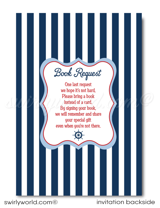 Book request poem Nautical Anchor Sailboat Ocean Blue Boy's Printed Baby Shower Invitations
