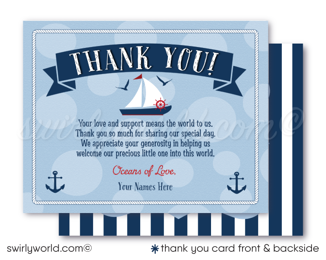 Nautical Anchor Sailboat Ocean Blue Boy's Printed Baby Shower thank you cards