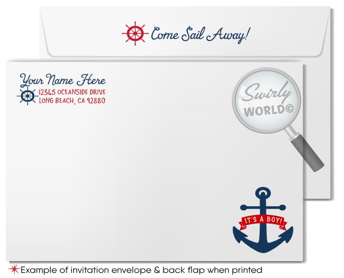 Nautical Anchor Sailboat Ocean Blue Boy's Printed Baby Shower Invitations