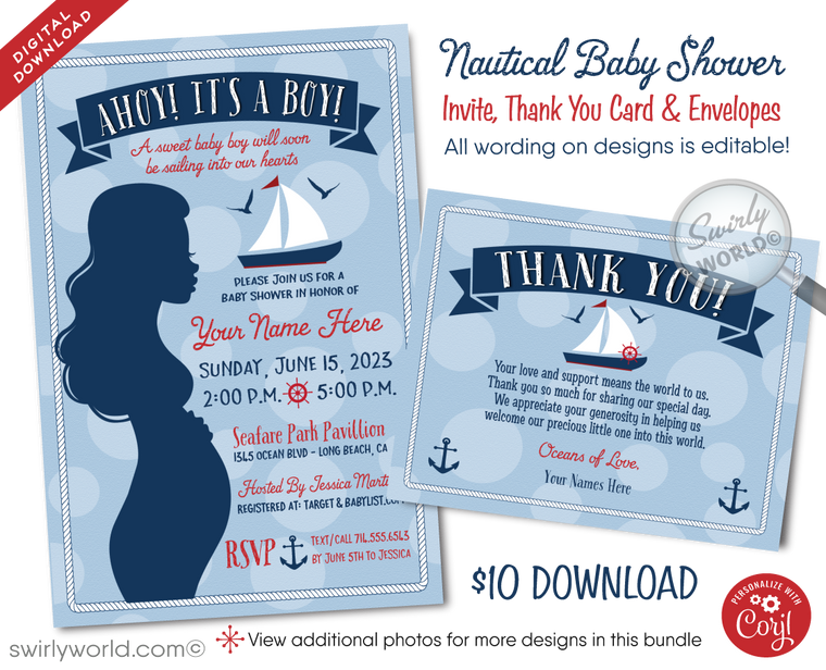 Nautical "Ahoy It's A Boy" Sailboat Baby Shower Digital Invite & Thank You Card