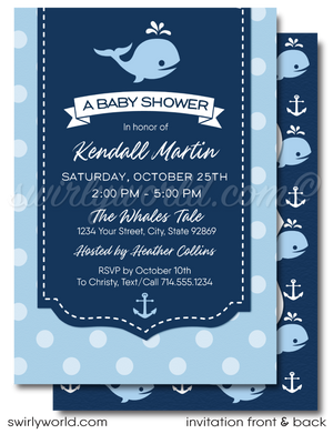 Set sail with Swirly World's Cute Baby Whale Baby Shower Invitation Set! Perfect for nautical-themed celebrations, this set includes invitations, thank you cards, and envelopes, all adorned with charming whale and anchor motifs in soothing blues. Easily editable via Corjl, download instantly for your event.