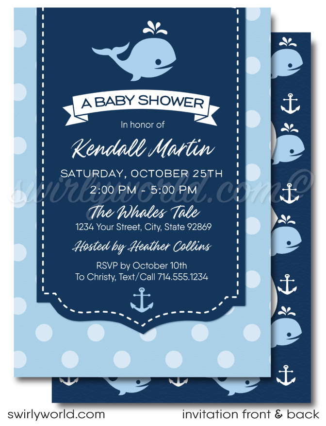 Whale Nautical Ocean Anchor Blue Sailor Boat Baby Shower Invitations