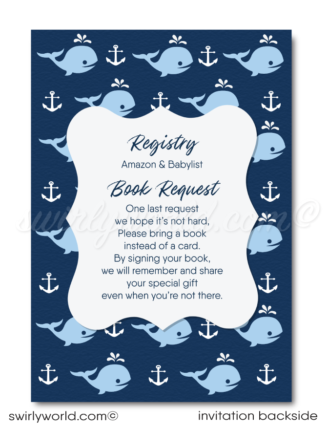 Book request poem Whale Nautical Ocean Boy's Baby Shower Invitation & Thank You Digital Bundle