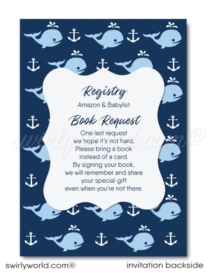 Book request poem Whale Nautical Ocean Boy's Baby Shower Invitation & Thank You Digital BundleSet sail with Swirly World's Cute Baby Whale Baby Shower Invitation Set! Perfect for nautical-themed celebrations, this set includes a book request card, invitations, thank you cards, and envelopes, all adorned with charming whale and anchor motifs in soothing blues. Easily editable via Corjl, download instantly for your event.