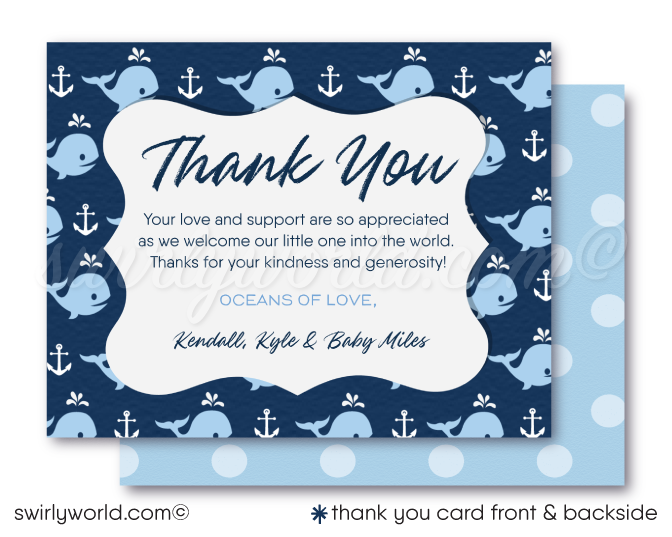 Set sail with Swirly World's Cute Baby Whale Baby Shower Invitation Set! Perfect for nautical-themed celebrations, this set includes invitations, thank you cards, and envelopes, all adorned with charming whale and anchor motifs in soothing blues. Easily editable via Corjl, download instantly for your event.