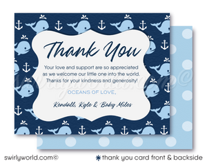 Set sail with Swirly World's Cute Baby Whale Baby Shower Invitation Set! Perfect for nautical-themed celebrations, this set includes invitations, thank you cards, and envelopes, all adorned with charming whale and anchor motifs in soothing blues. Easily editable via Corjl, download instantly for your event.