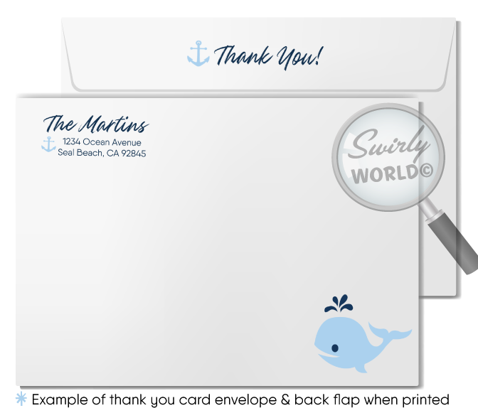 Set sail with Swirly World's Cute Baby Whale Baby Shower Invitation Set! Perfect for nautical-themed celebrations, this set includes invitations, thank you cards, and envelopes, all adorned with charming whale and anchor motifs in soothing blues. Easily editable via Corjl, download instantly for your event.