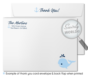 Set sail with Swirly World's Cute Baby Whale Baby Shower Invitation Set! Perfect for nautical-themed celebrations, this set includes invitations, thank you cards, and envelopes, all adorned with charming whale and anchor motifs in soothing blues. Easily editable via Corjl, download instantly for your event.