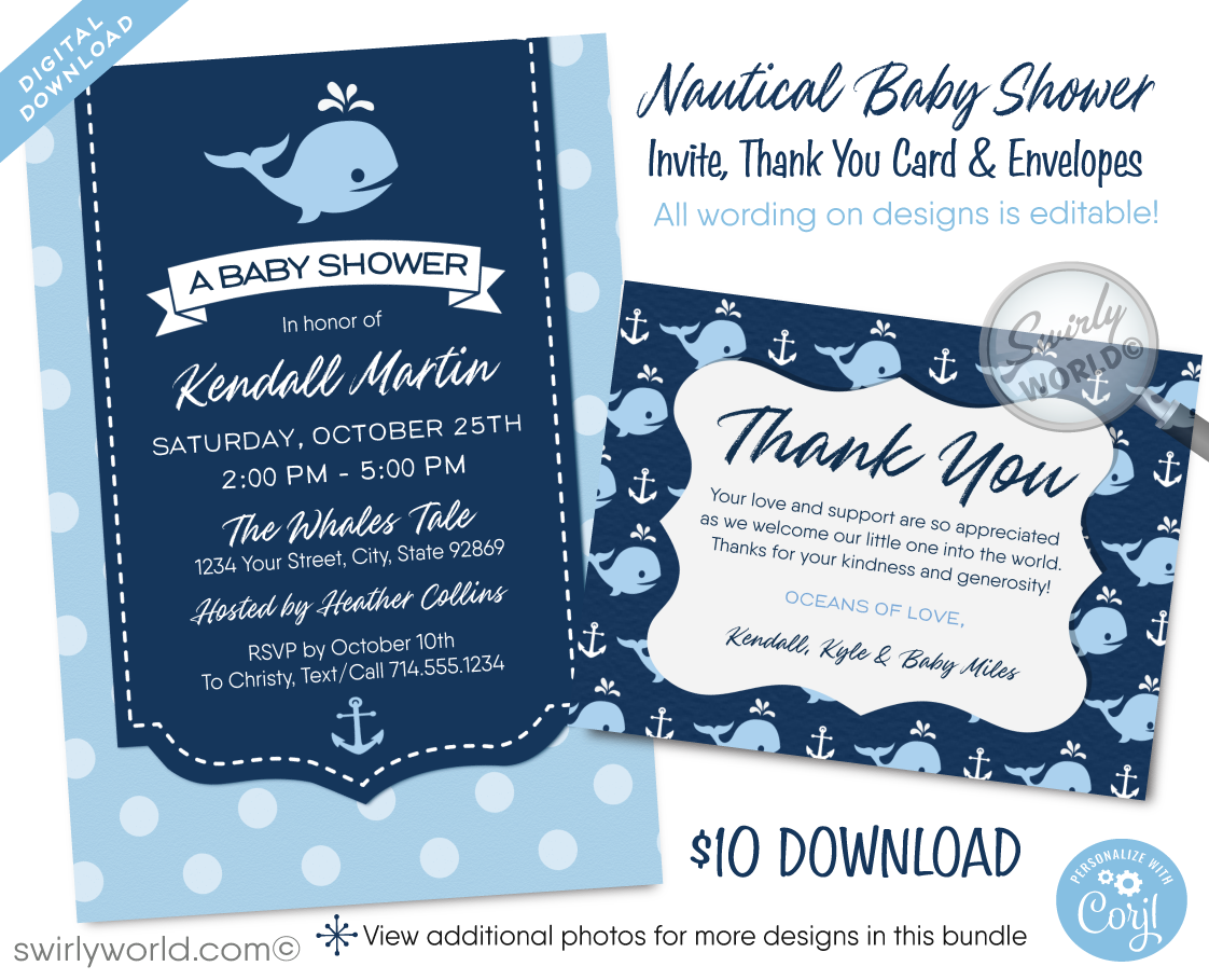 Whale Nautical Ocean Boy's Baby Shower Invitation & Thank You Digital Bundle