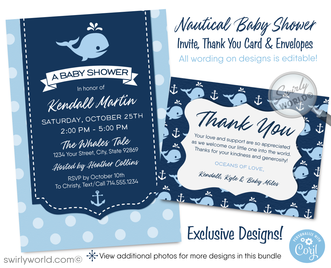 Set sail with Swirly World's Cute Baby Whale Baby Shower Invitation Set! Perfect for nautical-themed celebrations, this set includes invitations, thank you cards, and envelopes, all adorned with charming whale and anchor motifs in soothing blues. Easily editable via Corjl, download instantly for your event.