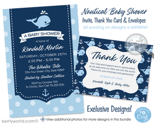 Set sail with Swirly World's Cute Baby Whale Baby Shower Invitation Set! Perfect for nautical-themed celebrations, this set includes invitations, thank you cards, and envelopes, all adorned with charming whale and anchor motifs in soothing blues. Easily editable via Corjl, download instantly for your event.