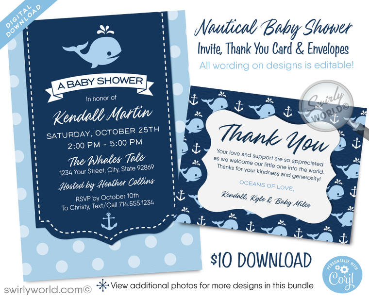 Whale Nautical Ocean Boy's Baby Shower Invitation & Thank You Digital Bundle