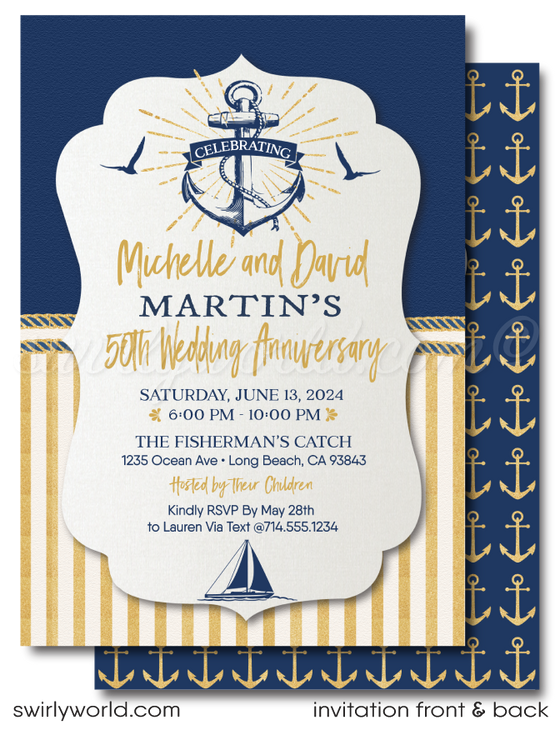 Nautical Rustic Anchor Sailboat Navy & Gold 50th Wedding Anniversary Invitation Digital Download