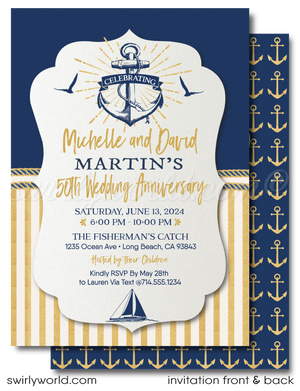 Nautical Rustic Anchor Sailboat Navy & Gold 50th Wedding Anniversary Invitation Digital Download