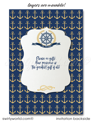 Nautical Rustic Anchor Sailboat Navy & Gold 50th Wedding Anniversary Invitation Digital Download