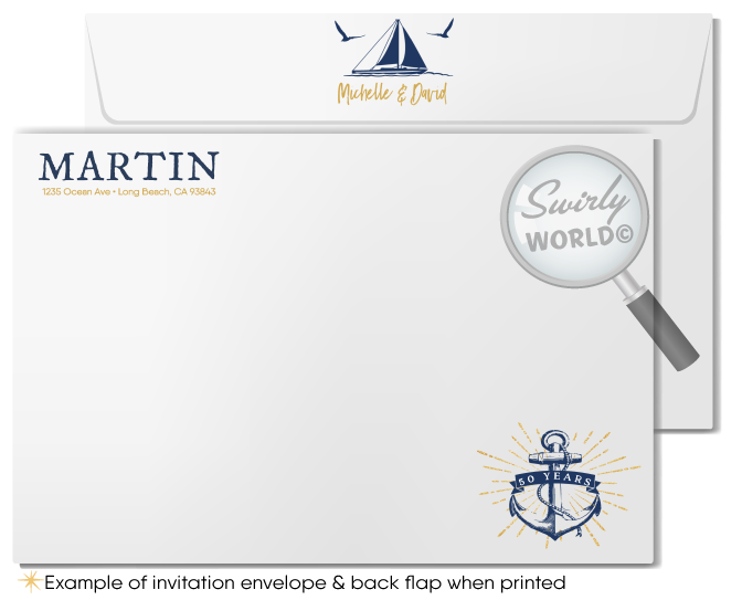 Nautical Rustic Anchor Sailboat Navy & Gold 50th Wedding Anniversary Invitation Digital Download