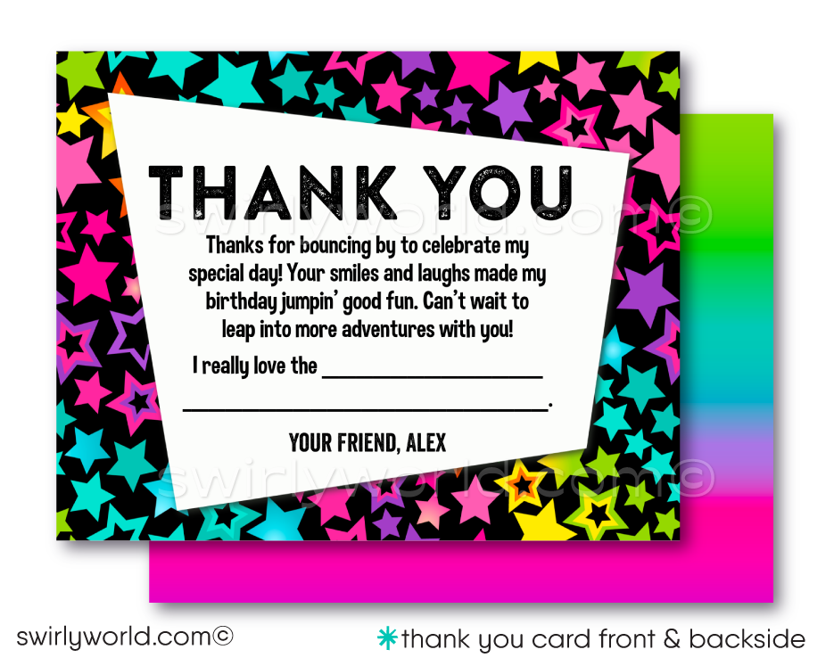 Elevate your child's birthday with our Neon Glow Sky Zone Bounce House Trampoline Party Invitation Set! 🌟🎉 Perfect for young thrill-seekers, this vibrant digital download is customizable and expertly printed on thick card stock. Ensure a memorable party filled with fun and excitement! 🛼🤸‍♂️