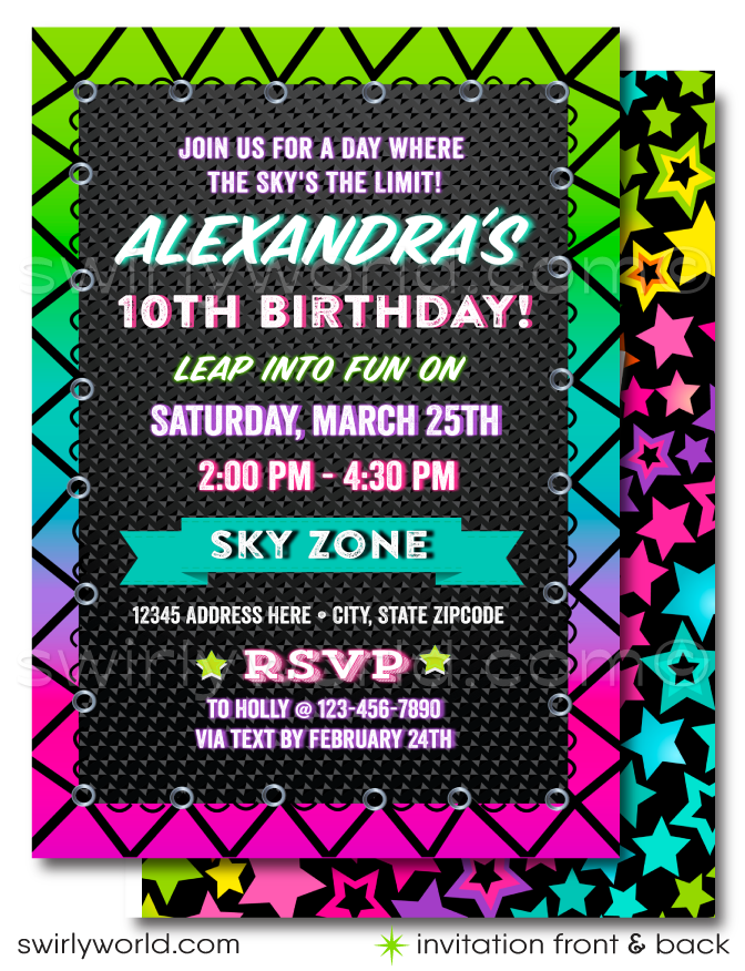 Elevate your child's birthday with our Neon Glow Sky Zone Bounce House Trampoline Party Invitation Set! 🌟🎉 Perfect for young thrill-seekers, this vibrant digital download is customizable and expertly printed on thick card stock. Ensure a memorable party filled with fun and excitement! 🛼🤸‍♂️