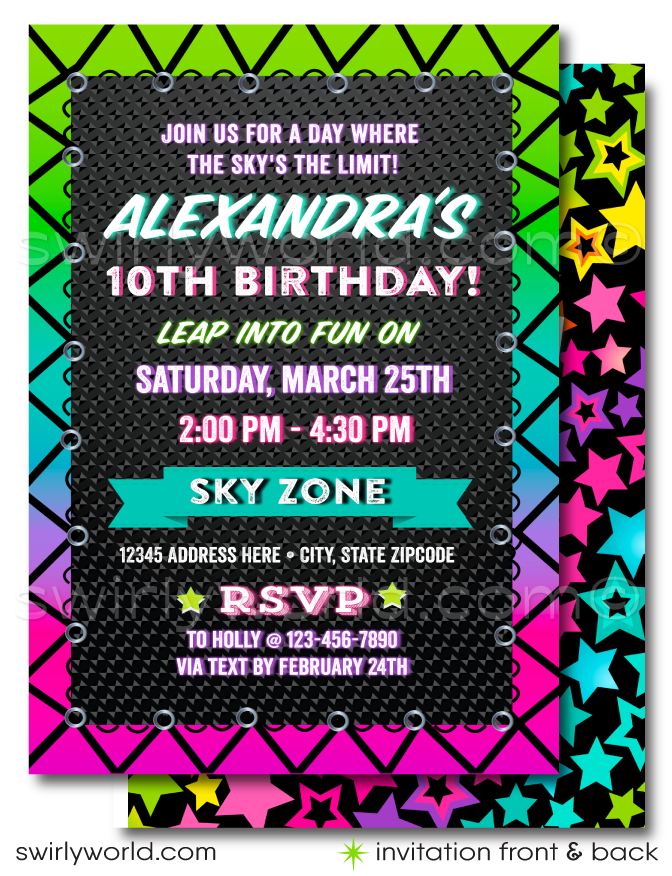 Elevate your child's birthday celebration to new heights with our Neon Glow Sky Zone Bounce House Trampoline Party Digital Invitation Set. Designed for maximum fun and excitement, this vibrant and colorful digital download captures the spirit of boundless energy and joy that comes with a day spent leaping and bouncing.