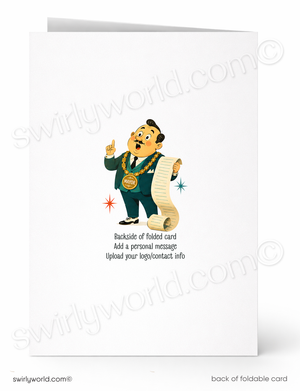 Backside of a folded card with a cartoon character holding a rolled-up paper, featuring Swirly World branding.