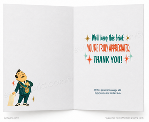 Open card with cartoon character and text 'You're truly appreciated. Thank you!' on a white background
