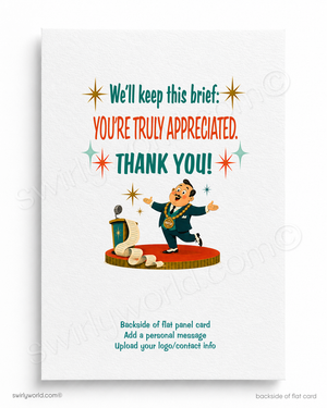 Vintage-style card with a cartoon character on a stage, text 'You're truly appreciated. Thank you!', and decorative elements.