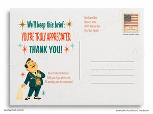 Vintage-style postcard with a cartoon character and text on a white background