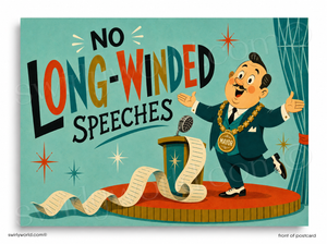Cartoon character in a suit with a podium and text 'No Long-Winded Speeches' on a blue background