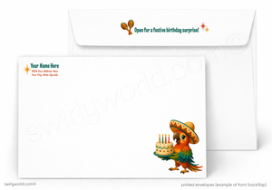 A printed white envelope set shown on a light gray background. The front envelope has a colorful cartoon toucan wearing a sombrero and holding a birthday cake, with placeholder text on the upper left.
