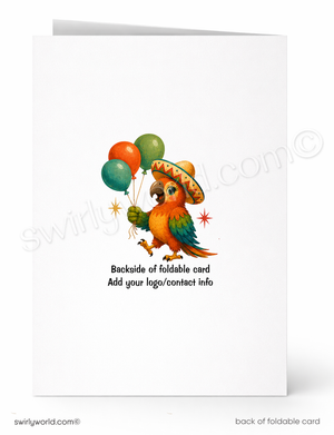 A white foldable greeting card shown front and back. The front features a colorful illustration of a parrot wearing a sombrero and holding balloons, with placeholder text below.