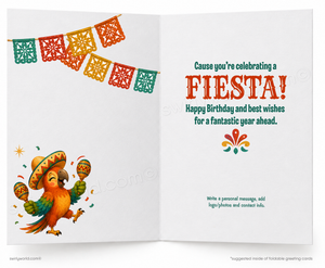 An open folding greeting card design with a festive Mexican fiesta theme. The left panel shows colorful papel picado banners hanging across the top and a smiling parrot wearing a sombrero and maracas near the bottom.