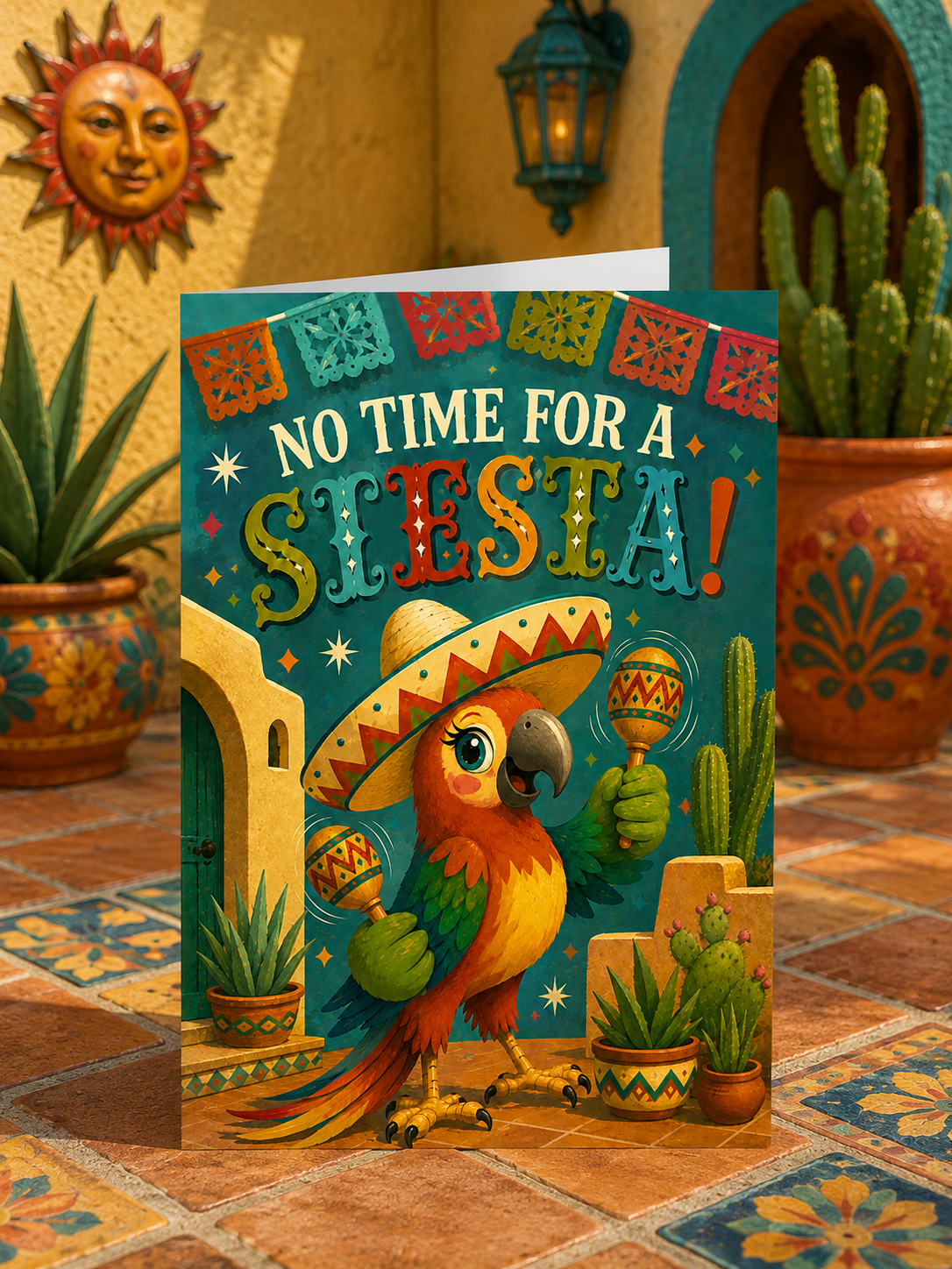 A colorful foldable greeting card featuring a parrot in a sombrero holding maracas, with the text 'NO TIME FOR A SIESTA!' on a teal background with festive banners and cactus motifs.