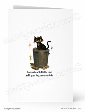 A folded white greeting card shown front and back. The front features an illustration of a black cat sitting on top of a gray trash can with small star sparkles and the text 'Backside of foldable card Add your logo/contest info'.