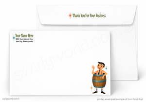 A set of printed stationery envelopes on a white background, including a front envelope with a cartoon barrel character and a thank-you note, plus a back flap showing placeholder address text.