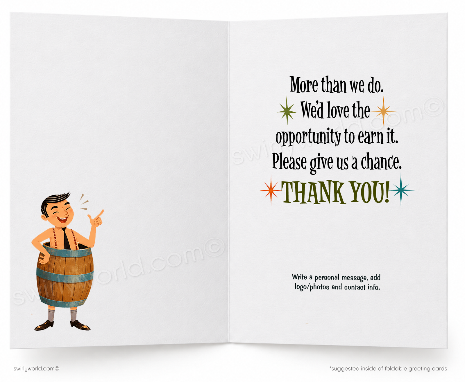 A folded greeting card shown upright on a white background. The card features a humorous illustration of a man standing in front of a wooden barrel with his hands outstretched, next to a black cat in a trash can.
