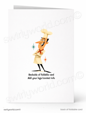 A folded white greeting card shown front and back on a white background. The front has a cartoon chef character in a beige uniform and hat with small colored sparkles, and the back has placeholder text reading 'Backside of foldable card' and 'Add your logo/contact info'.