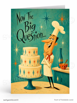 A folded greeting card shown front-on against a white background. The card features retro-style illustrated text reading 'Now The Big Question.