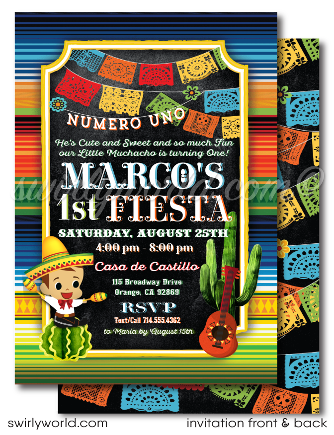 "Little Muchacho" Numero Uno Papel Picado Fiesta Mexican 1st Birthday Invites for Boys
