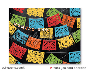 Celebrate with our Papel Picado Fiesta 1st Birthday Invitation! 🌟🎉 Tailored for your little muchacho's big day, featuring vibrant colors, retro Mexican fonts, and fiesta paper flags. Printed on high-quality card stock and shipped to your door. Perfect for an unforgettable celebration!