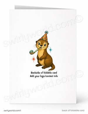 A folded white card shown front and back on a white background. The front features a cartoon brown animal wearing a party hat and blowing a party horn, with small star accents.