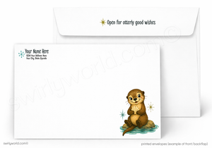 A printed white envelope set shown on a light gray background. The front envelope has a small illustrated otter sitting in water with sparkles and placeholder text for personalization.