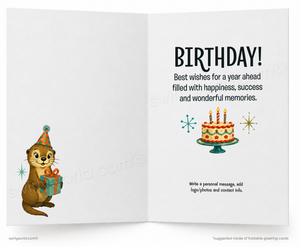 An open folding greeting card template with a white background. The left page shows a cartoon otter wearing a party hat and holding a gift box.
