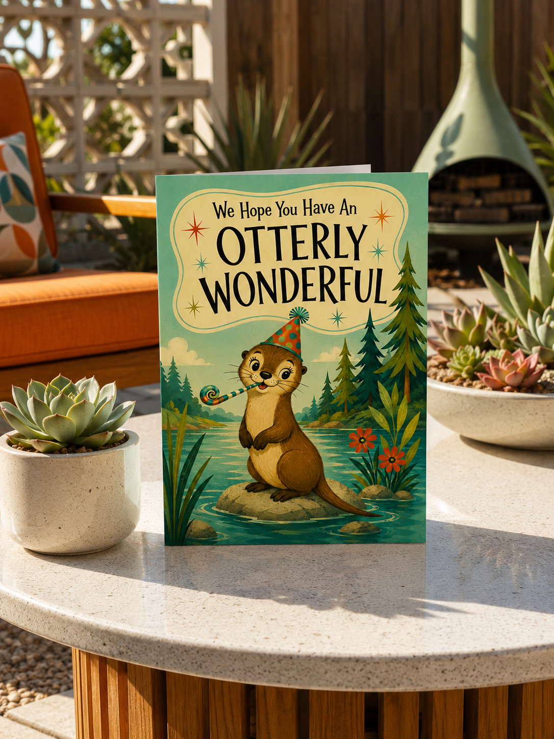 A folded greeting card shown front-facing on a white background. The card features a whimsical illustration of an otter sitting on a rock by a river, wearing a party hat and blowing a party horn, with the text 'We Hope You Have An Otterly Wonderful' above it.