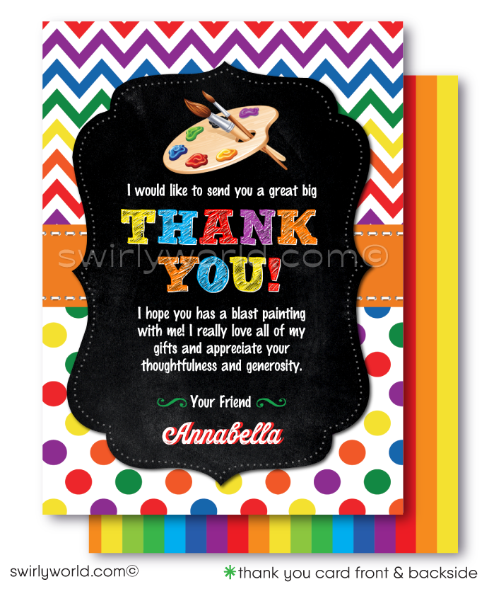 Ignite the creativity of your young artist with our "Arts and Crafts Paint Party" Digital Downloadable Invitation and Thank You Card Set. This vibrant and colorful set is specially designed for a spectacular painting party, whether it’s set in the inspiring aisles of a craft store like Michaels or the comfort of your home. 