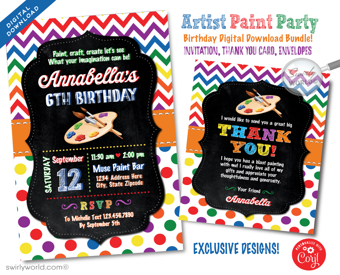 Ignite the creativity of your young artist with our "Arts and Crafts Paint Party" Digital Downloadable Invitation and Thank You Card Set. This vibrant and colorful set is specially designed for a spectacular painting party, whether it’s set in the inspiring aisles of a craft store like Michaels or the comfort of your home. 