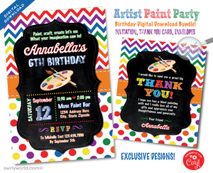 Ignite the creativity of your young artist with our "Arts and Crafts Paint Party" Digital Downloadable Invitation and Thank You Card Set. This vibrant and colorful set is specially designed for a spectacular painting party, whether it’s set in the inspiring aisles of a craft store like Michaels or the comfort of your home. 